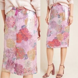 Anthropologie Paillette floral sequined pencil skirt size 8